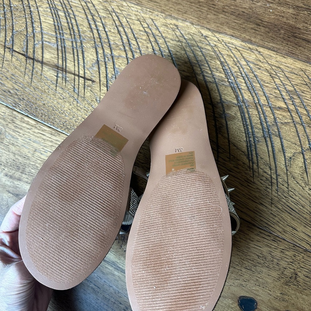 Steve Madden Tan Slide Sandals with Silver Rhinestone & Spike Straps - Picture 2 of 2